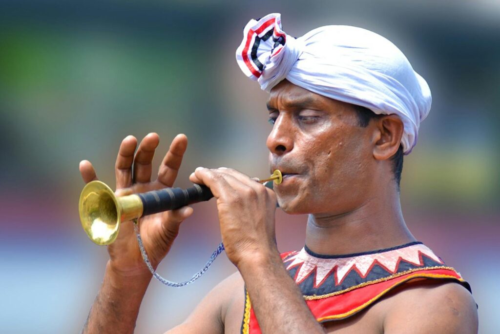 Traditional Sri Lankan musician performs in colorful attire with a horn.